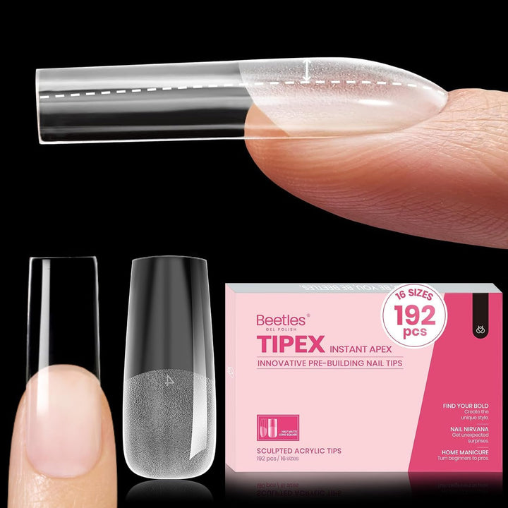 Beetles Gel Polish front packaging showing 192 long square tips and benefits