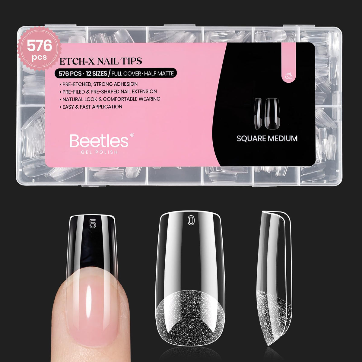 beetles front packaging showing 576 medium square tips and clear labeling for quick selection