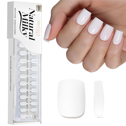 beetles front packaging showing milky white press on nails and easy application
