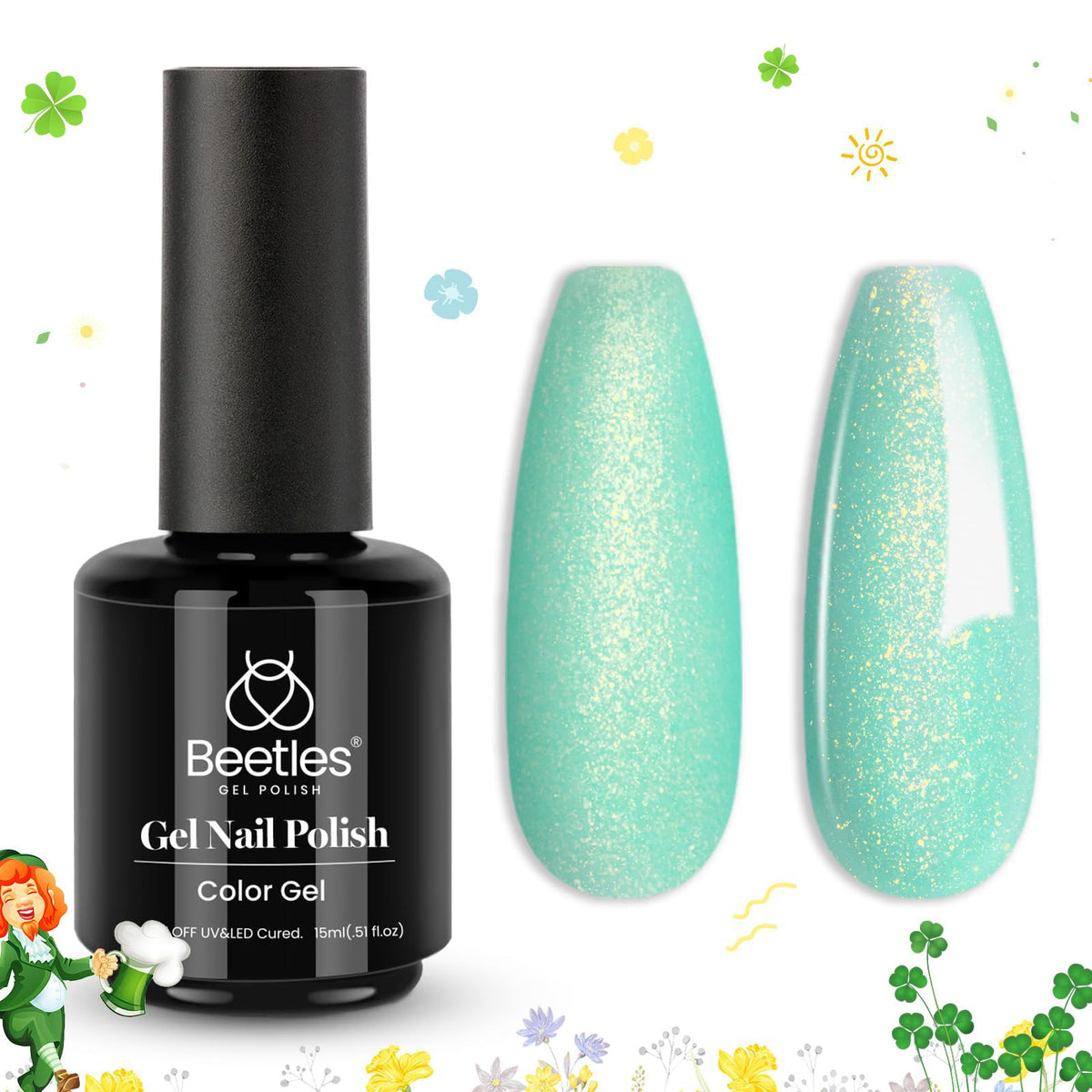 beetles front packaging showing bottle and mint green glitter polish benefit visible branding