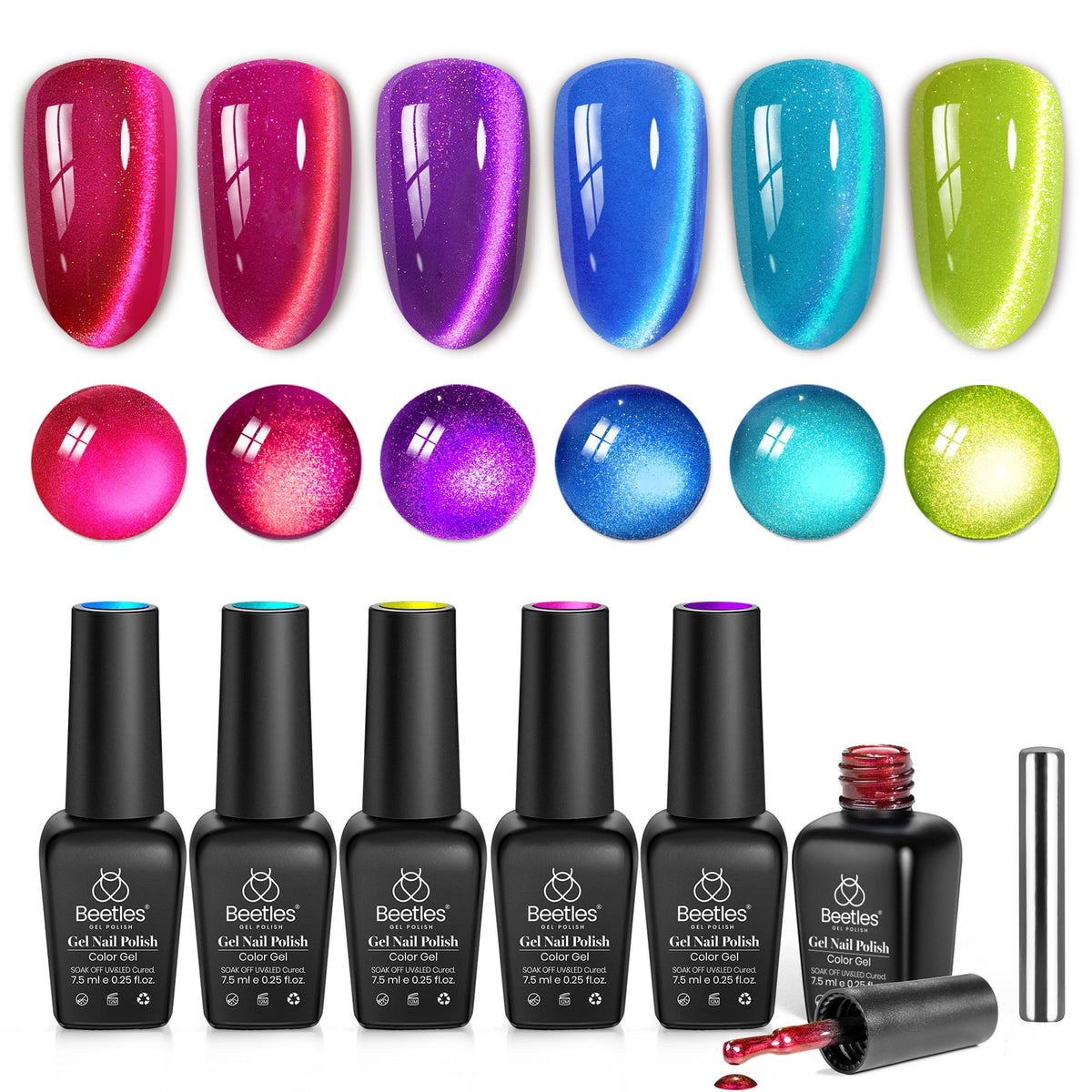 Beetles front packaging shows six neon cat eye gels and magnetic tool for vibrant results