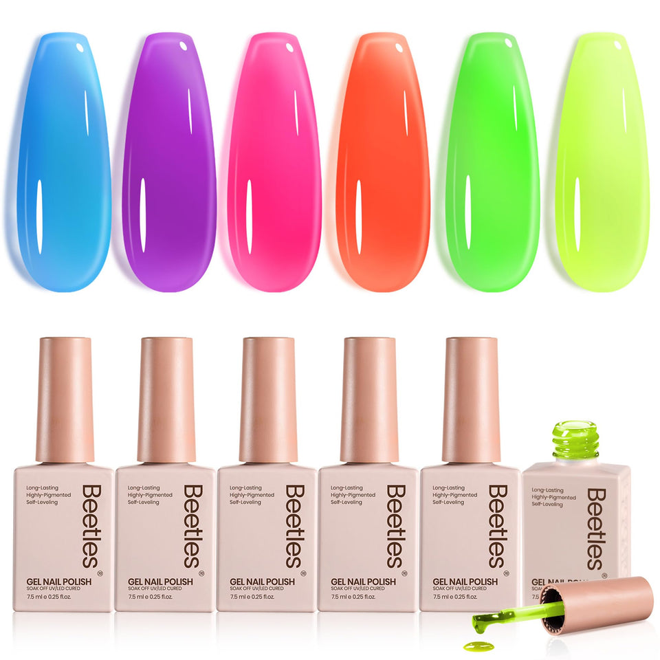 beetles front packaging neon gel set showing six vivid shades and portable gift-ready design