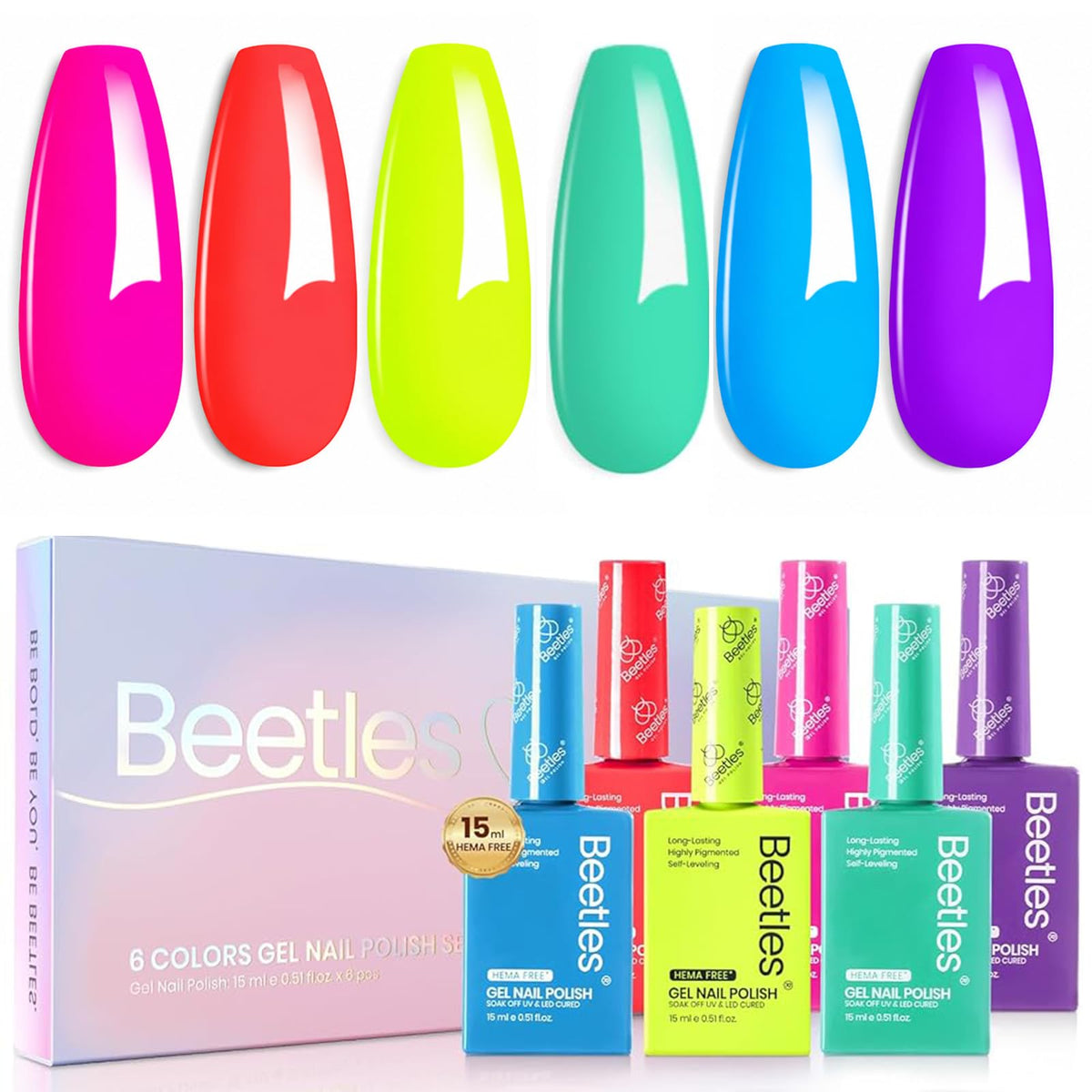 Beetles front packaging of neon gel polish set shows six vivid colors