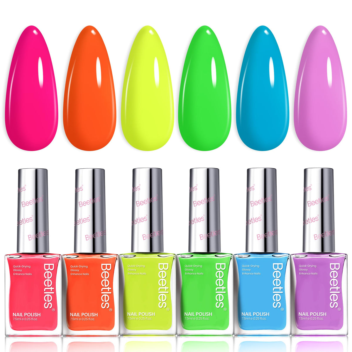 beetles front packaging neon set showing six bottles and colorful labels for easy selection