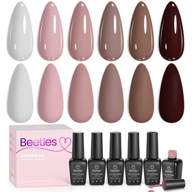Beetles front packaging showing six neutral gel bottles and set benefit