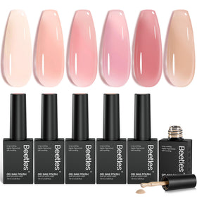 Beetles front packaging showing six nude gel bottles and set benefit