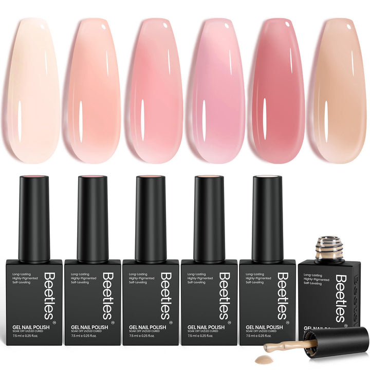 Beetles front packaging showing six nude gel bottles and set benefit