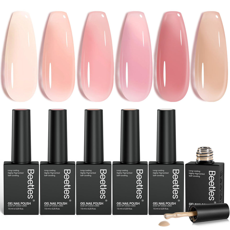 Beetles front packaging showing six nude gel bottles and set benefit