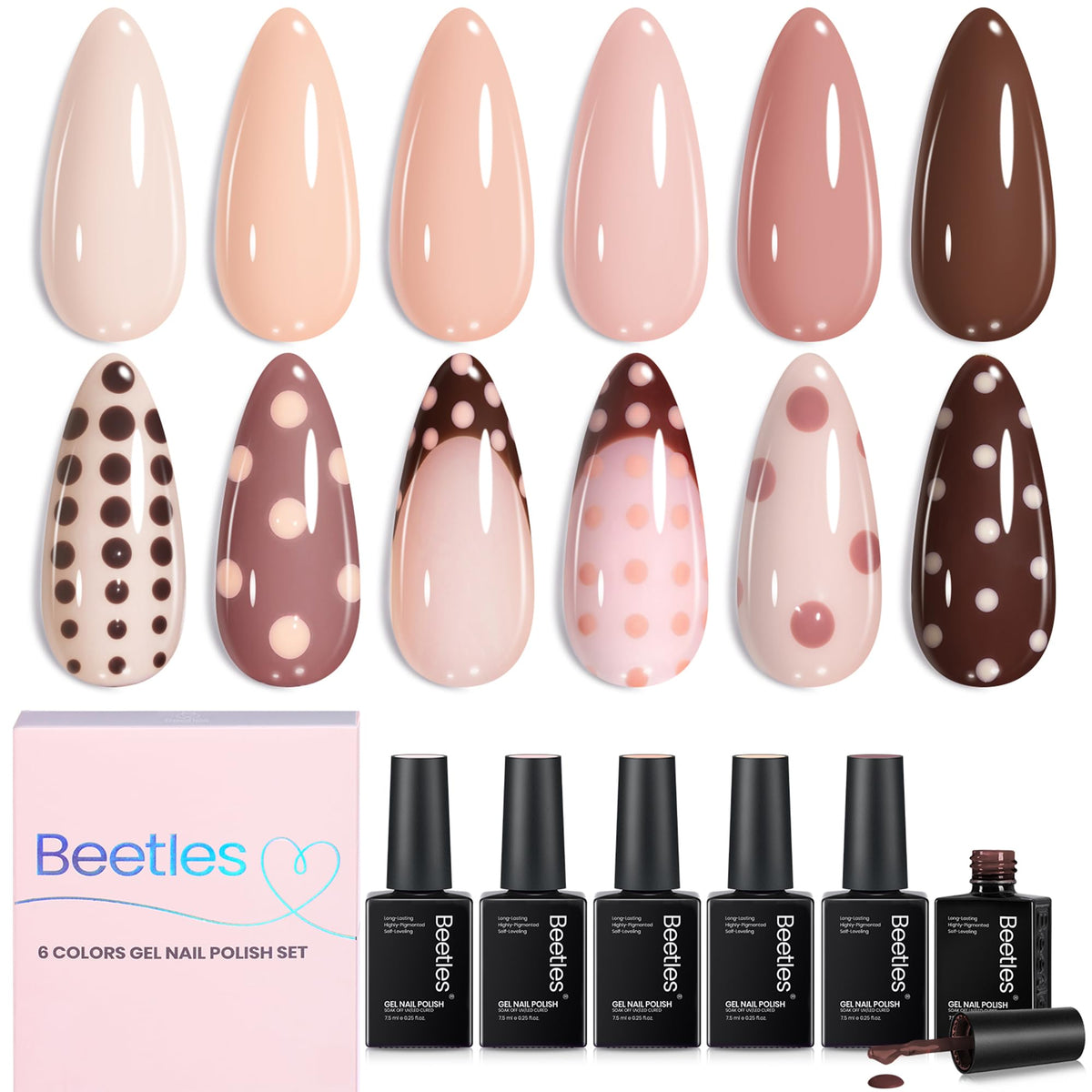 Beetles front packaging showing six nude gel bottles and brand clarity