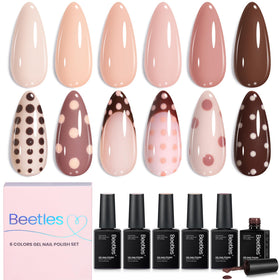 Beetles front packaging showing six nude gel bottles and brand clarity