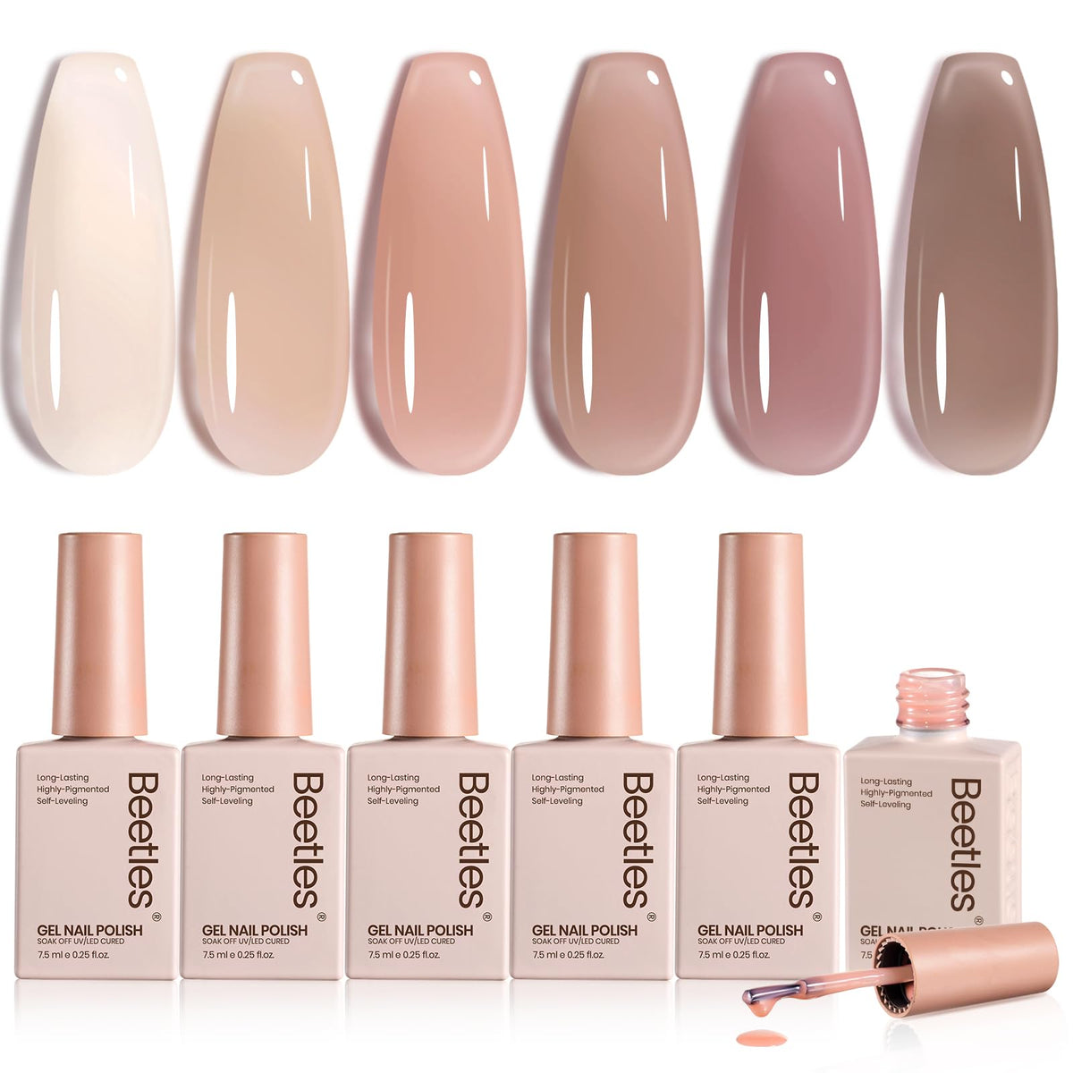 Beetles front packaging of six nude jelly gel polishes, ready to gift
