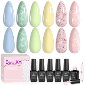 Beetles front packaging showing six pastel gel bottles and accessories, clear kit view