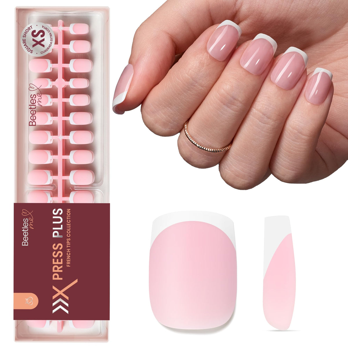 Beetles Gel Polish front packaging showing peach French press-on set benefits
