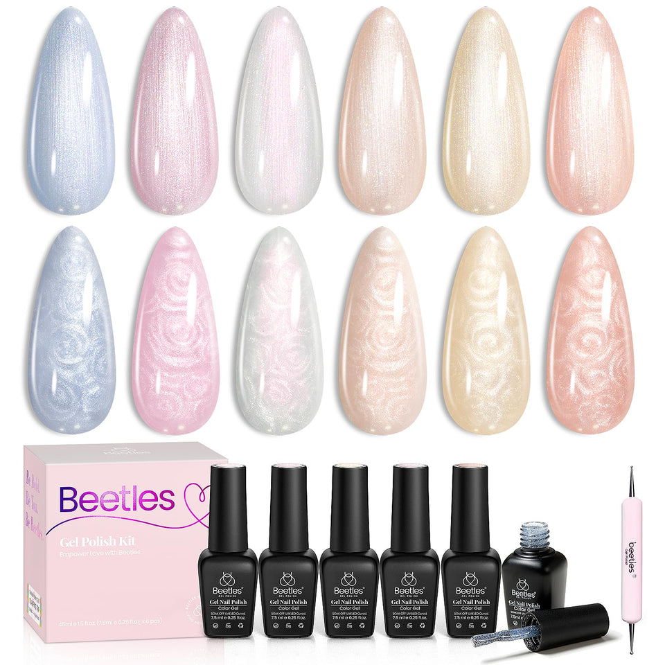 beetles front packaging showing six pearlescent gel bottles and benefit for gifting