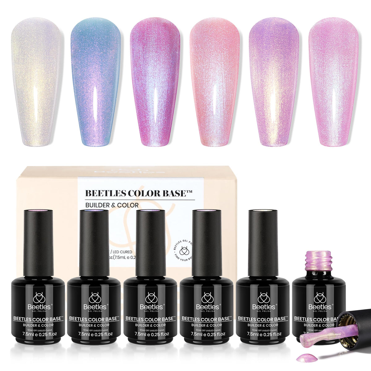 beetles front packaging showing six pearl pastel bottles and clear labeling for easy selection