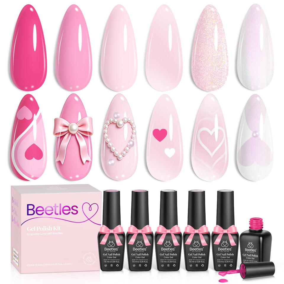 beetles Gel Polish front packaging showing six pink shades and kit benefit