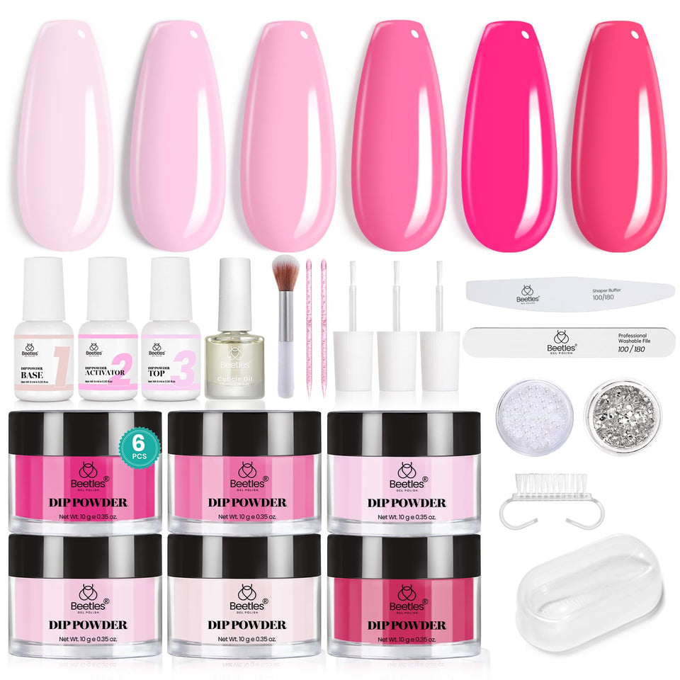 beetles front packaging showing full pink dip kit and included tools for convenience