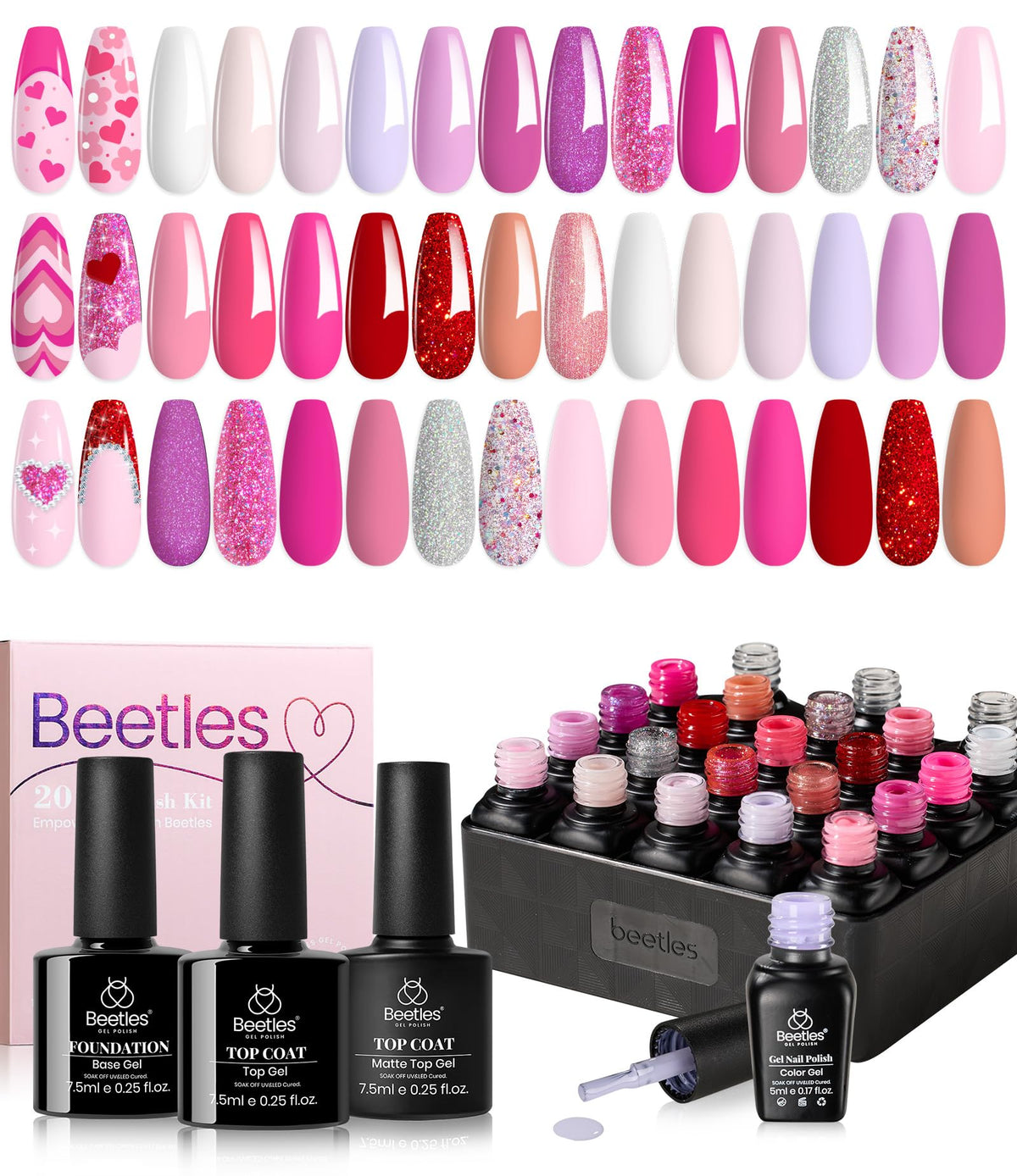 beetles front packaging pink set showing full kit and variety benefit: clear kit overview
