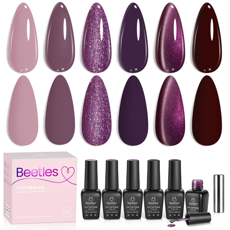 beetles front packaging showing six purple gel bottles and magnet for gift-ready appeal