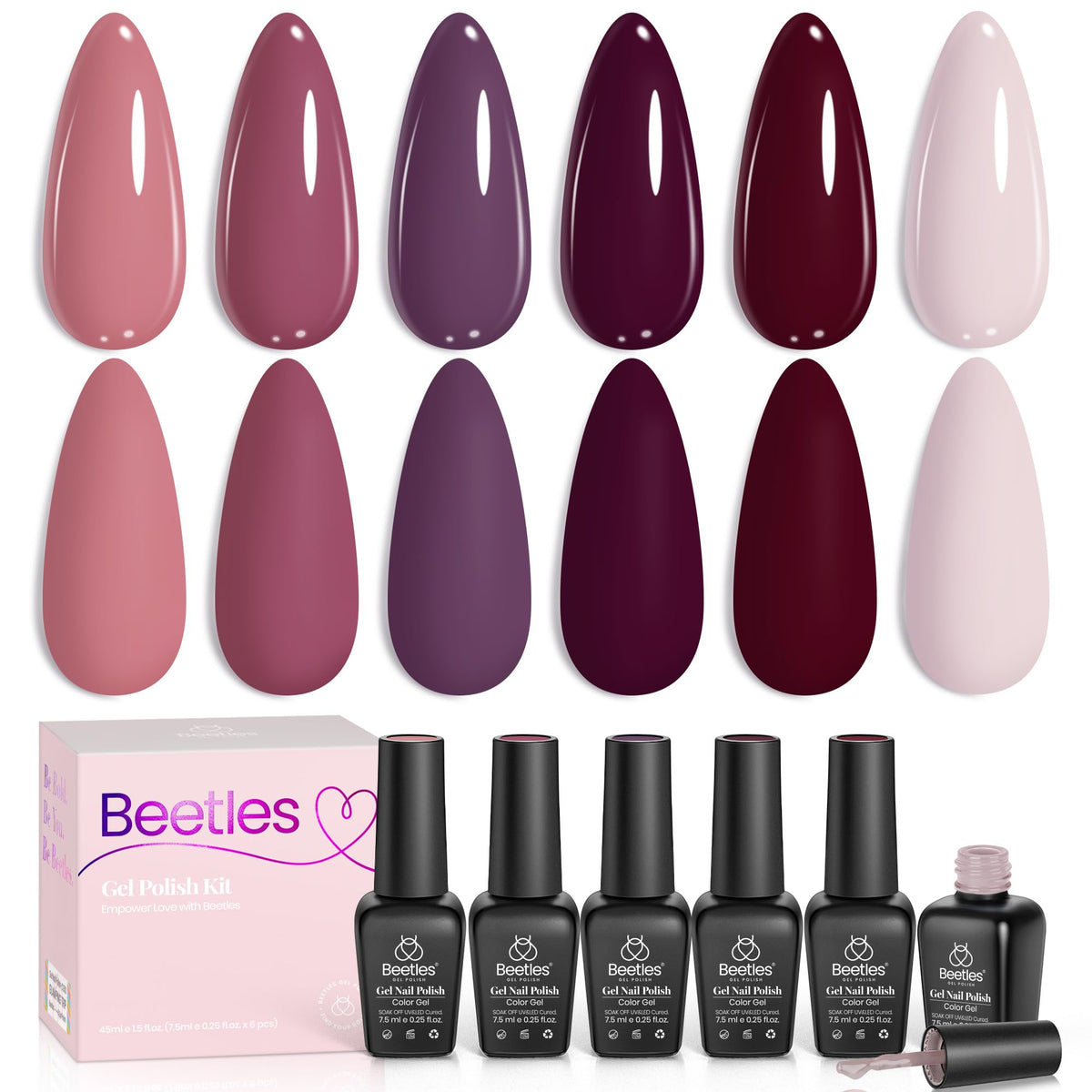 Beetles front packaging showing six purple gel bottles, attractive gift-ready box