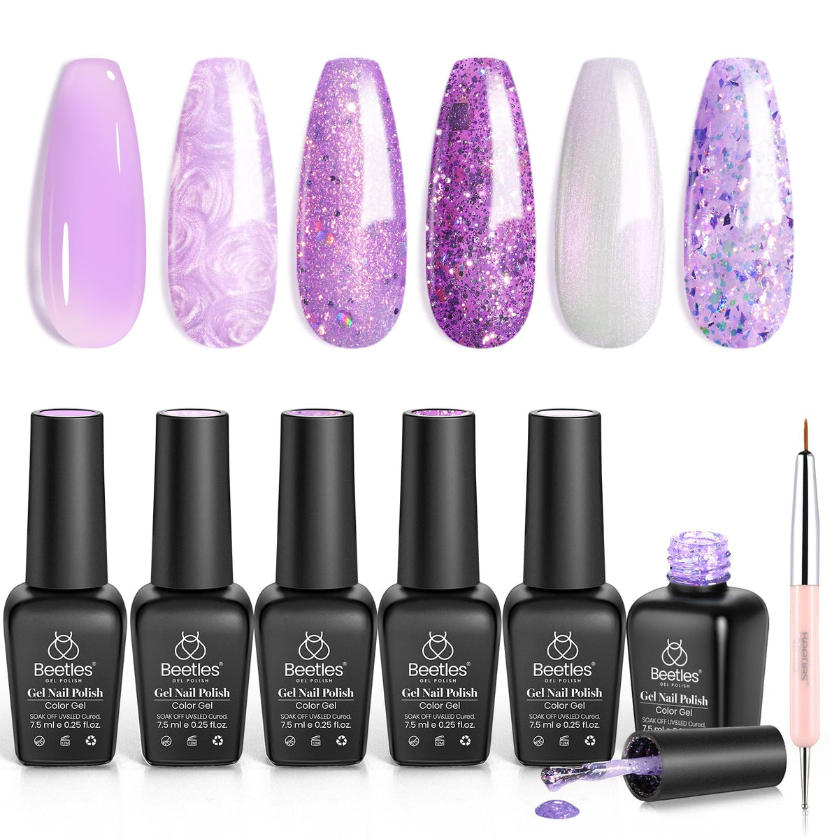 Beetles Gel Polish front packaging showing six purple bottles and brush for versatile looks