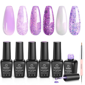Beetles Gel Polish front packaging showing six purple bottles and brush for versatile looks