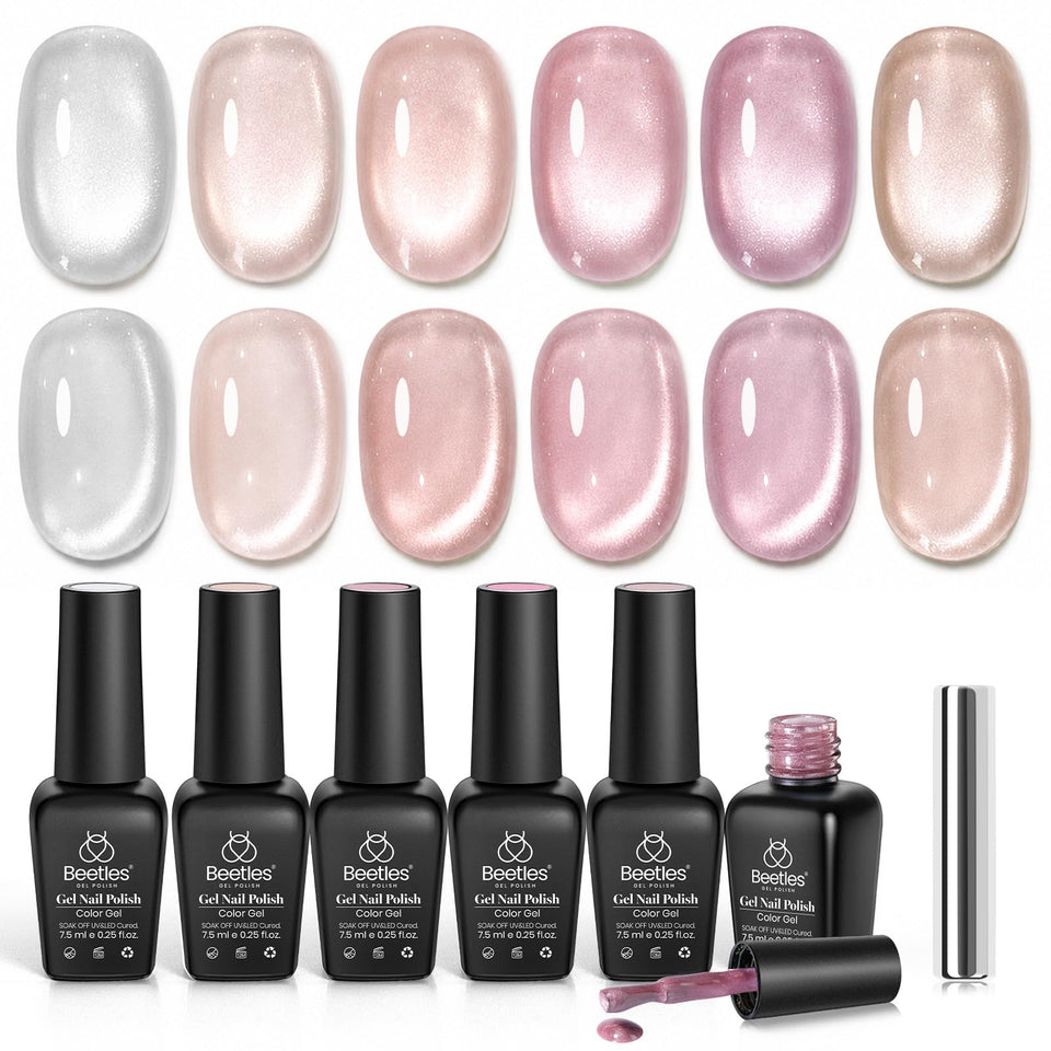 Beetles front packaging showing six cat eye gel bottles and magnet, gift-ready