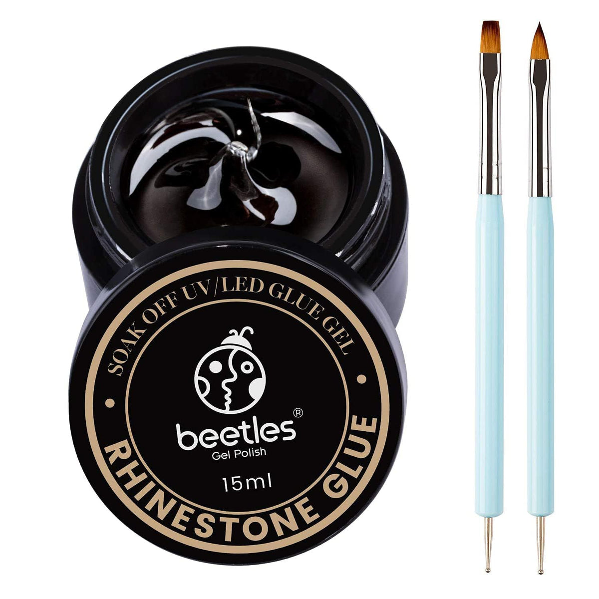 Beetles front packaging showing 15ml rhinestone glue and included brushes for precise application