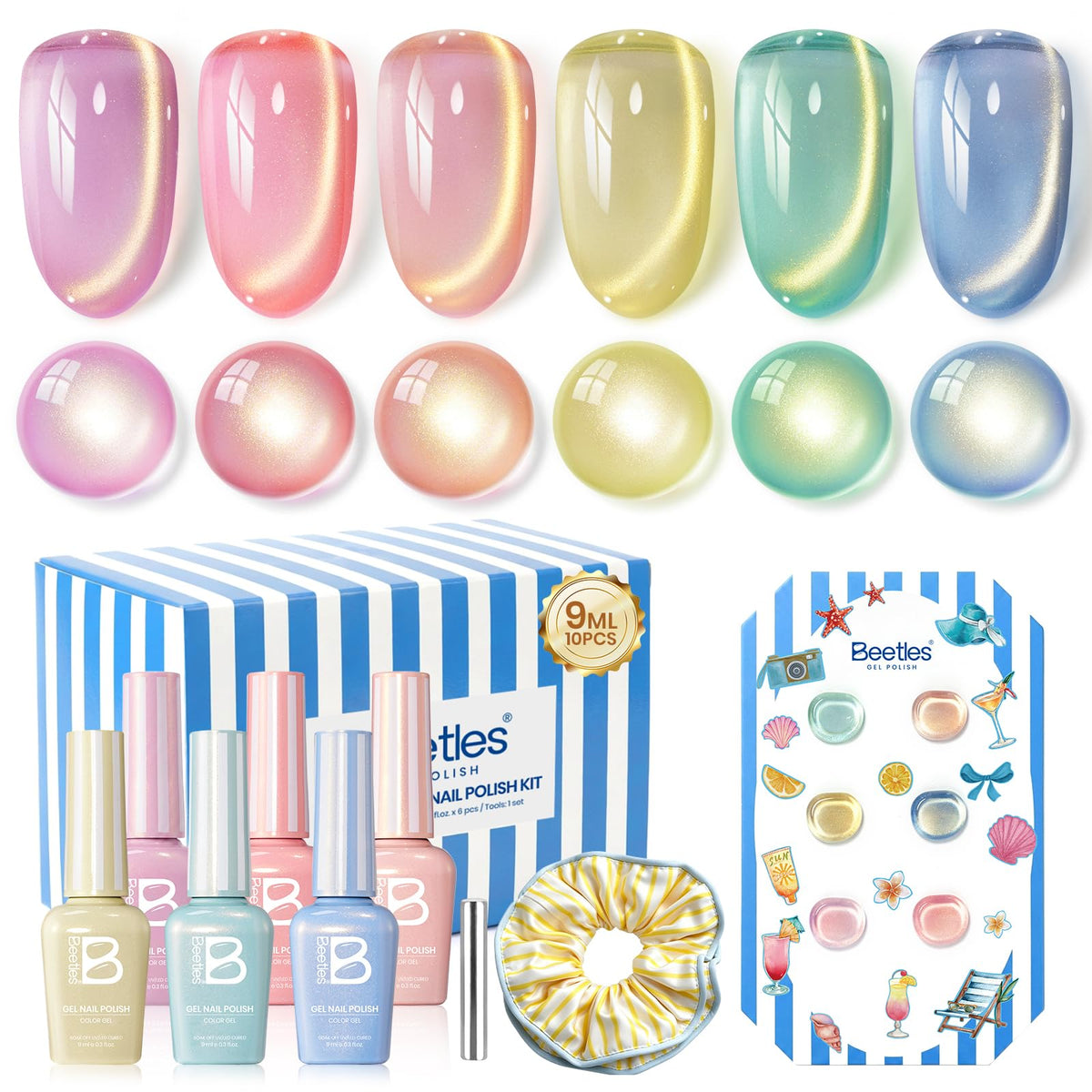 beetles front packaging saltmist sunset showing six colors and accessories, aspirational styling benefit
