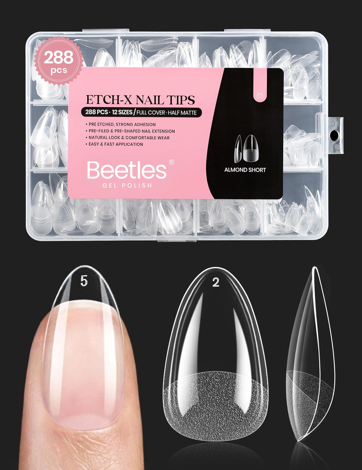 beetles front packaging showing short almond tips and easy at-home use