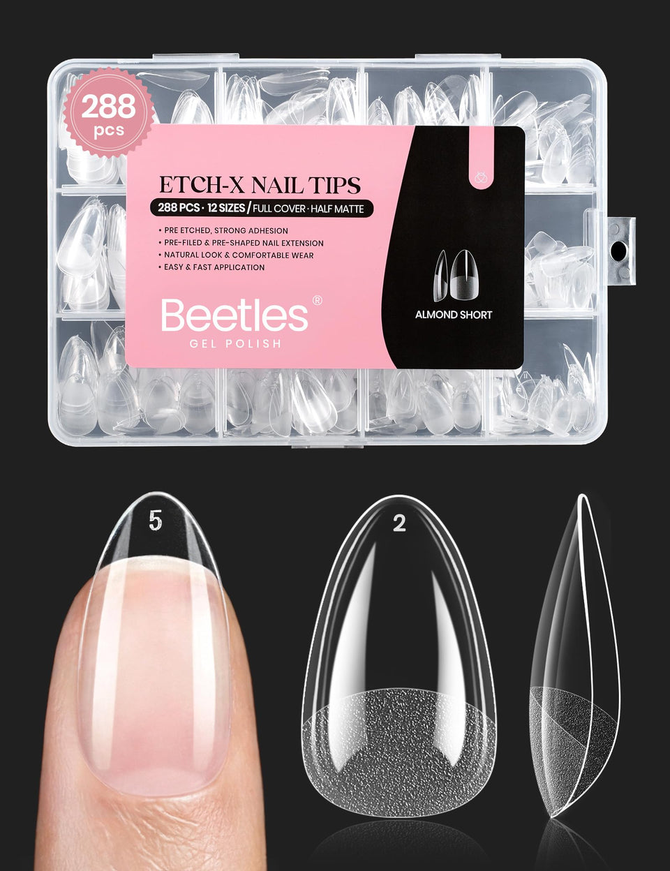 beetles front packaging showing short almond tips and easy at-home use
