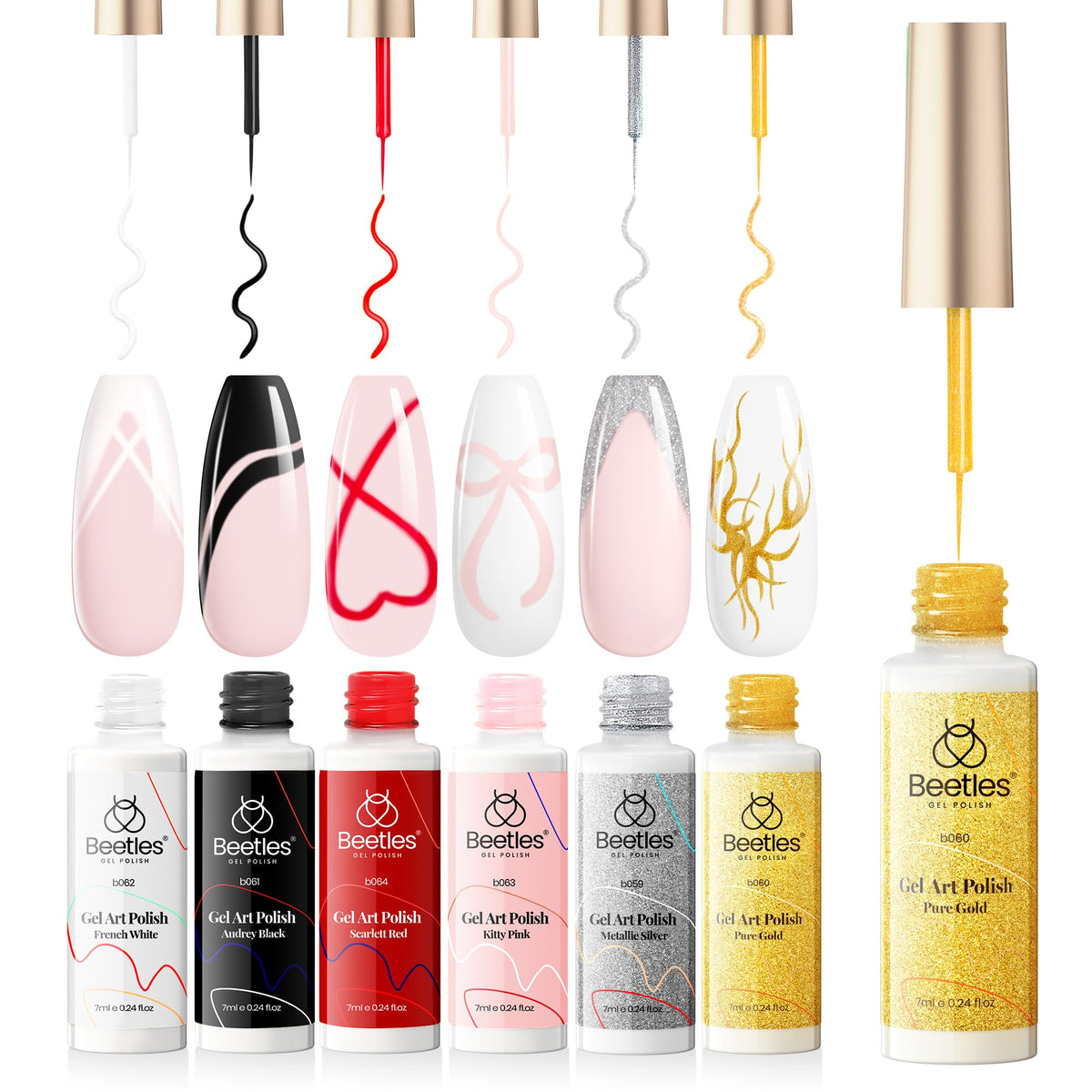 beetles front packaging showing six liner bottles for precise nail art