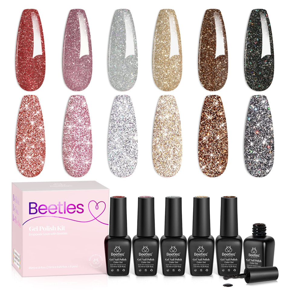 beetles front packaging showing six glitter gel bottles and clear labeling, enhances gift appeal