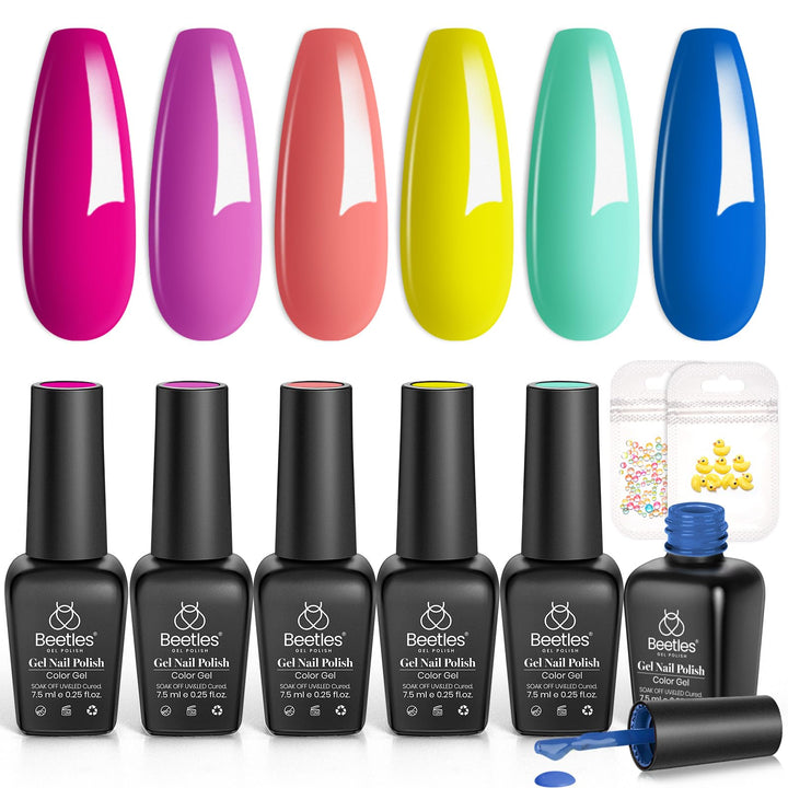 beetles front packaging showing six neon gel polish bottles and vibrant shades