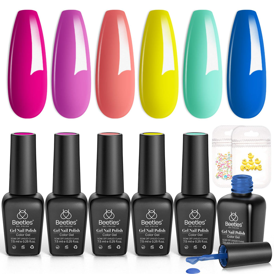 beetles front packaging showing six neon gel polish bottles and vibrant shades