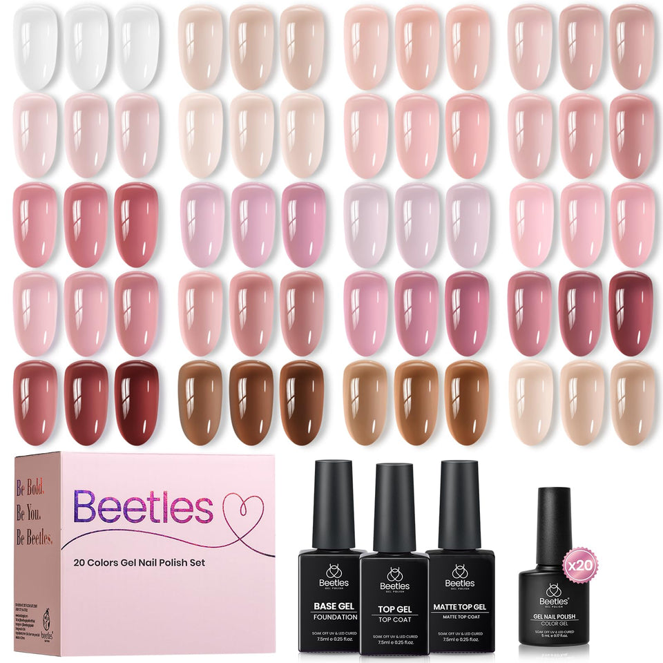 Beetles front packaging showing full 23-piece nude jelly gel kit and clean presentation