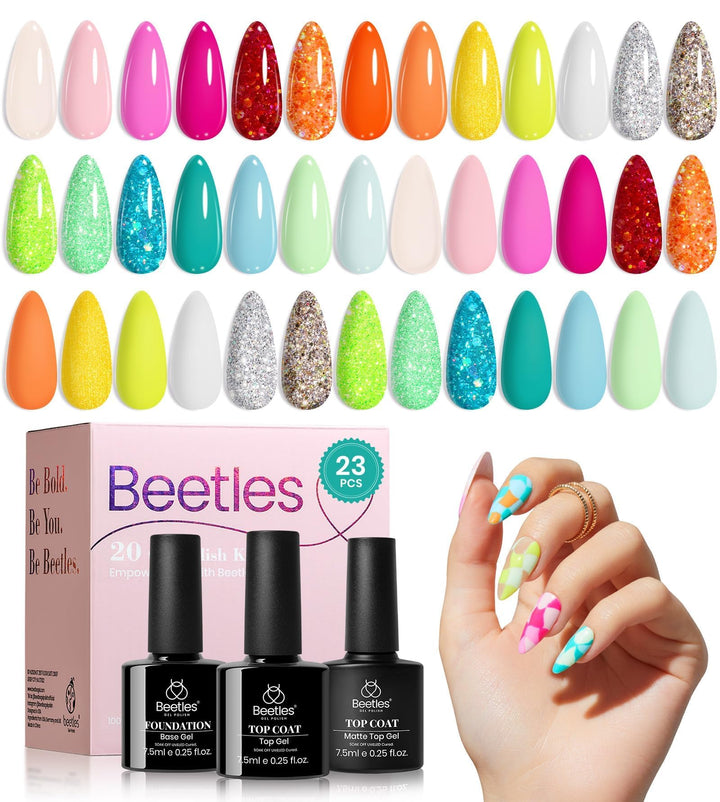 Beetles Gel Polish front packaging showing 23-piece summer set and vibrant benefits