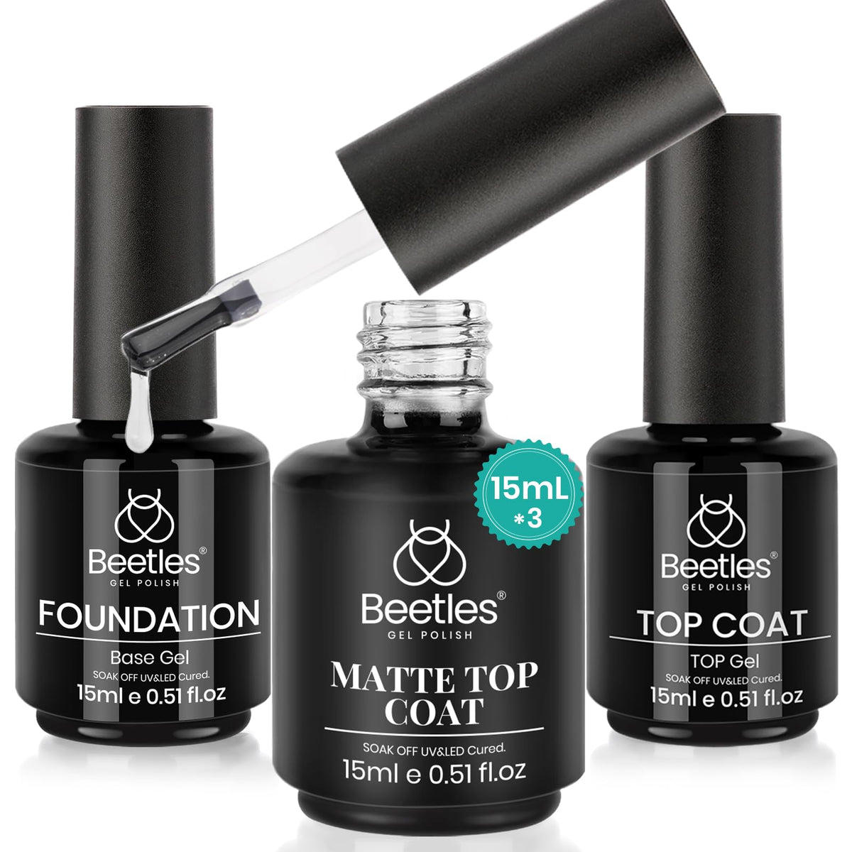 Beetles Gel Polish three bottles front packaging showing kit contents and benefits
