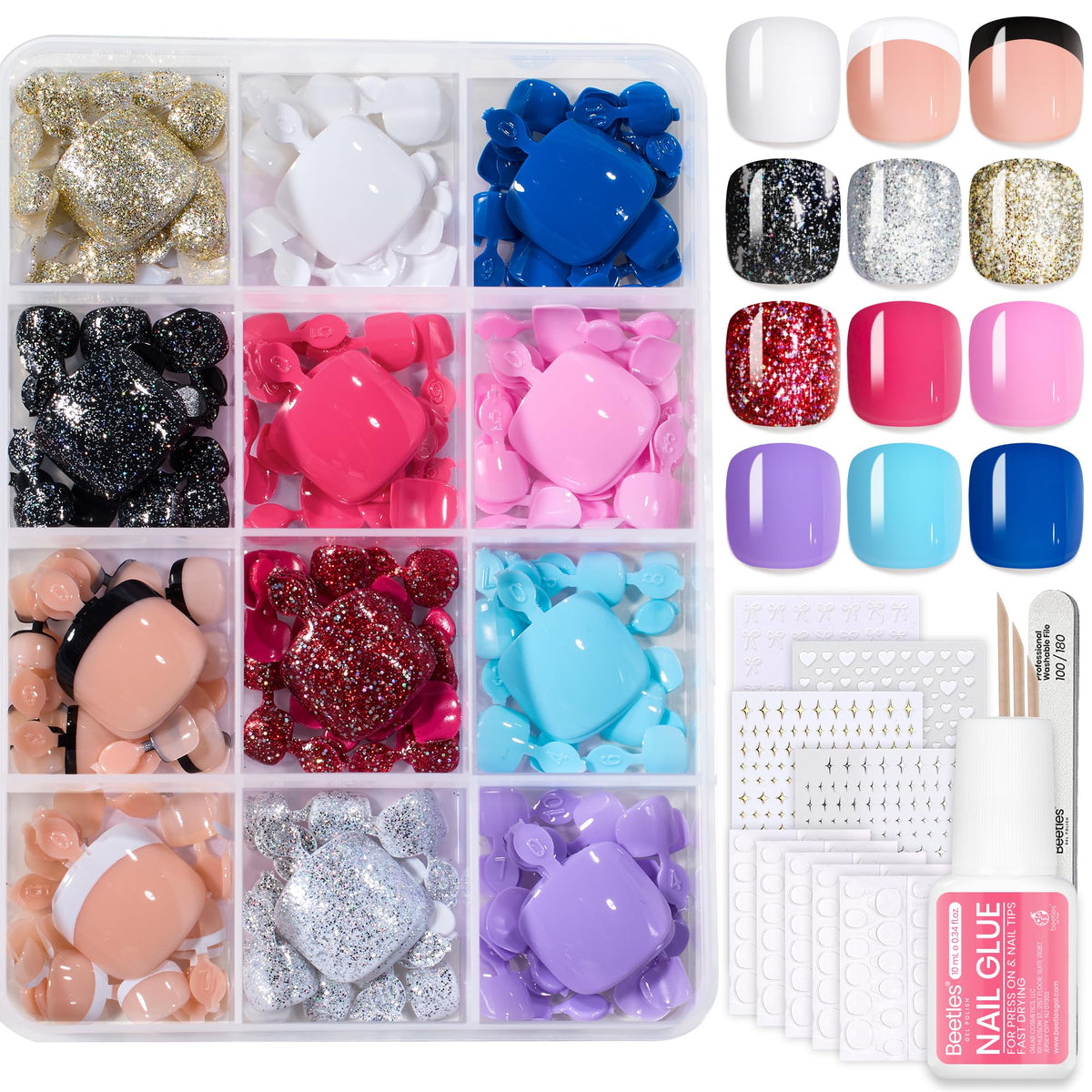 Beetles Gel Polish front packaging showing full 288-piece toenail kit and included tools