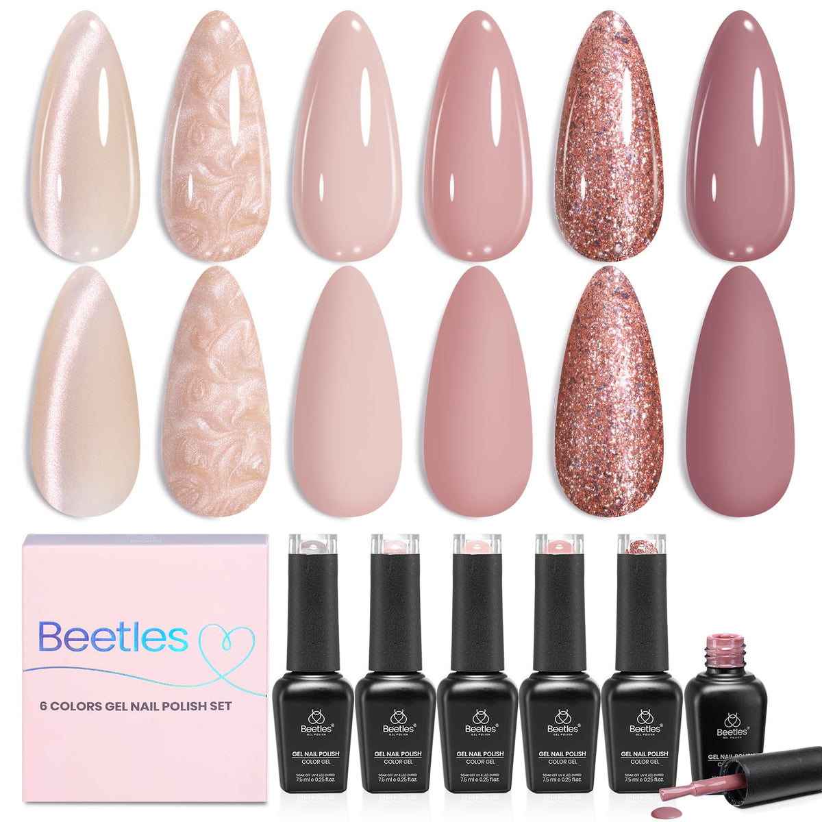beetles front packaging showing six nude gel bottles and gifting appeal