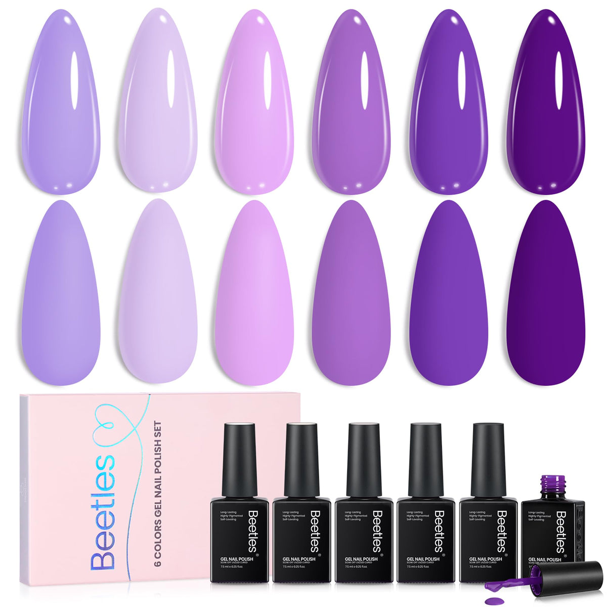 beetles Gel Polish front packaging showing six purple shades and collection name