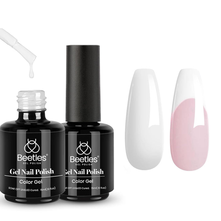 Beetles front packaging showing two 15ml white gel bottles and clear labeling for bright coverage