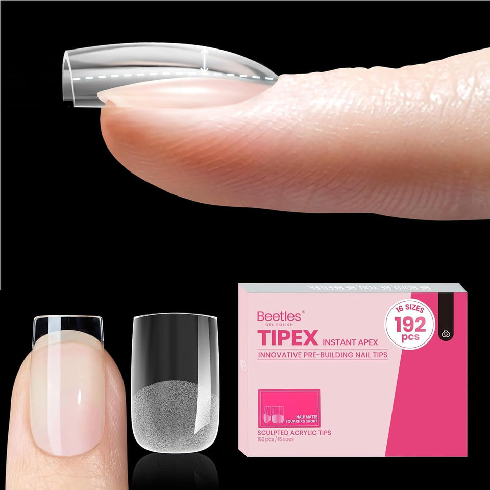 Beetles front packaging showing XS square apex tips for salon-quality results