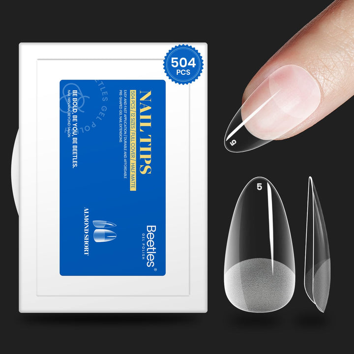 Beetles front packaging showing the full 504-piece nail tip set and benefits