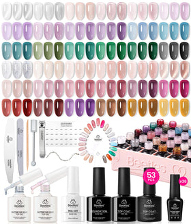 Beetles Gel Polish front packaging showing full 53-piece kit and benefits