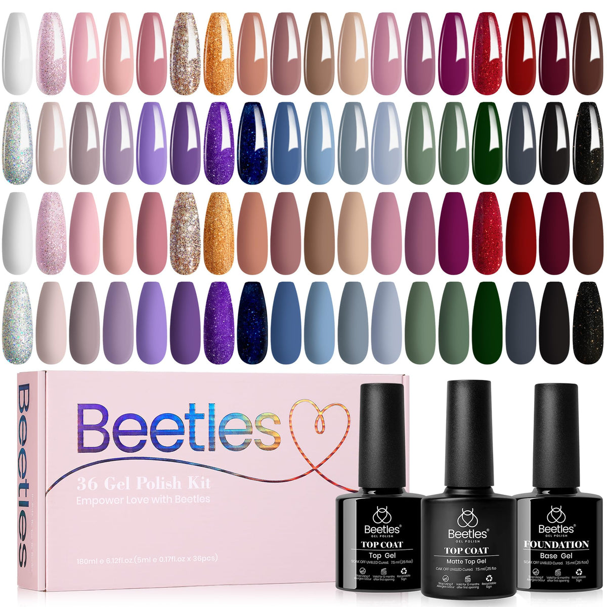 Beetles front packaging showing the full 36-color gel kit and included top/base coats for variety