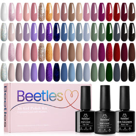 Beetles front packaging showing the full 36-color gel kit and included top/base coats for variety