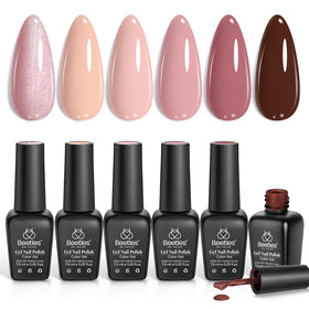 beetles front packaging showing six nude gel bottles and kit benefits