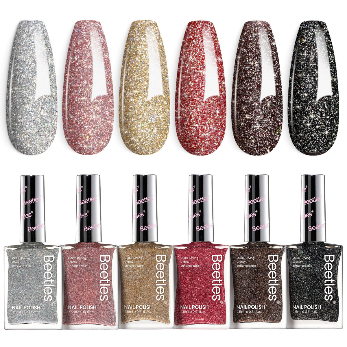 beetles front packaging showing six glitter polish bottles and set benefit quick salon finish