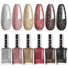 beetles front packaging showing six glitter polish bottles and set benefit quick salon finish